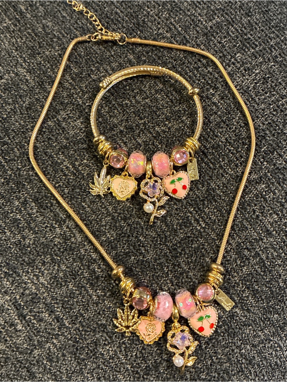 Gold-Tone Pink Charm Necklace with Floral and Cherry Charms